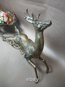 Vintage Large Etched Brass Reindeer Santa Sleigh Centerpiece Deer 23Wx6Dx9H