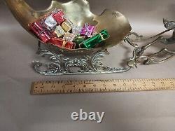 Vintage Large Etched Brass Reindeer Santa Sleigh Centerpiece Deer 23Wx6Dx9H