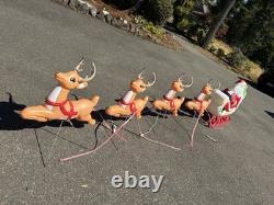 Vintage Large Santa Sleigh 4 Reindeer Christmas Blow Mold Sled Set