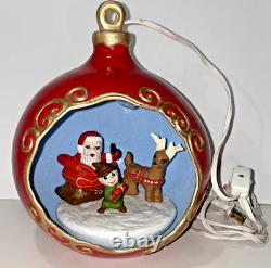 Vintage Lighted 3D Christmas Ornament Diorama with Santa Sleigh Elf & Reindeer