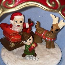 Vintage Lighted 3D Christmas Ornament Diorama with Santa Sleigh Elf & Reindeer
