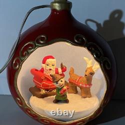 Vintage Lighted 3D Christmas Ornament Diorama with Santa Sleigh Elf & Reindeer