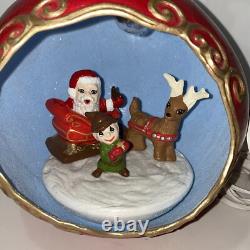 Vintage Lighted 3D Christmas Ornament Diorama with Santa Sleigh Elf & Reindeer