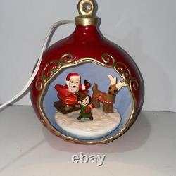 Vintage Lighted 3D Christmas Ornament Diorama with Santa Sleigh Elf & Reindeer