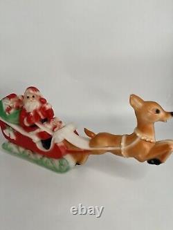 Vintage Lighted Blow Mold Santa Sleigh Flying Reindeer Carolina Enterprise 1980s