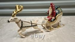Vintage Long Santa Sleigh and Deer Reindeer Red and Cream Rare