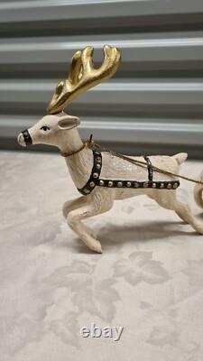 Vintage Long Santa Sleigh and Deer Reindeer Red and Cream Rare