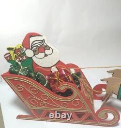 Vintage MCM Balsa Wood Santa Claus Riding In Sleigh With 8 Reindeer HTF
