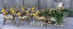 Vintage MCM Japan Gold Confetti Sleigh Sled 9 Team Reindeer Santa Plastic Xmas