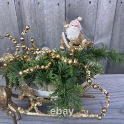 Vintage MCM Japan Gold Confetti Sleigh Sled 9 Team Reindeer Santa Plastic Xmas