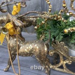 Vintage MCM Japan Gold Confetti Sleigh Sled 9 Team Reindeer Santa Plastic Xmas