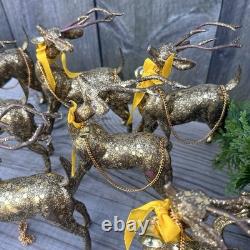 Vintage MCM Japan Gold Confetti Sleigh Sled 9 Team Reindeer Santa Plastic Xmas