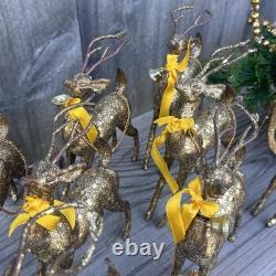 Vintage MCM Japan Gold Confetti Sleigh Sled 9 Team Reindeer Santa Plastic Xmas