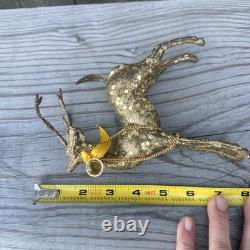 Vintage MCM Japan Gold Confetti Sleigh Sled 9 Team Reindeer Santa Plastic Xmas