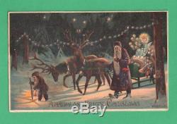 Vintage Mailick Htl Christmas Postcard Santa Claus Reindeer Sleigh Christkindle