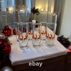 Vintage Mid-Century Christmas Santa Sleigh Reindeer Highball Glasses Set of 6