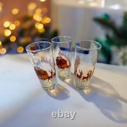 Vintage Mid-Century Christmas Santa Sleigh Reindeer Highball Glasses Set of 6