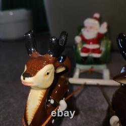 Vintage NAPCO Christmas Waving Santa In Sleigh With Two Prancing Reindeer Great