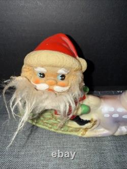 Vintage NINOHIRA Reindeer withSanta on Sleigh, light blue and gold 1950s Japan