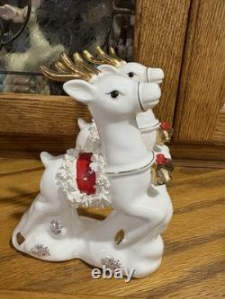 Vintage Napco 1956 Santa Sleigh and Two Flying Reindeer Spaghetti Trim Read