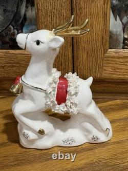 Vintage Napco 1956 Santa Sleigh and Two Flying Reindeer Spaghetti Trim Read