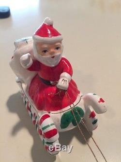 Vintage Napco Candy Cane Santa Sleigh With Reindeer