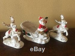 Vintage Napco Ceramic Santa on Sleigh with Reindeer Spaghetti & Gold Trim 1958