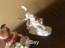 Vintage Napco Ceramic Santa on Sleigh with Reindeer Spaghetti & Gold Trim 1958