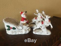 Vintage Napco Ceramic Santa on Sleigh with Reindeer Spaghetti & Gold Trim 1958