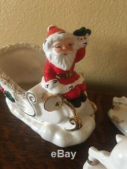 Vintage Napco Ceramic Santa on Sleigh with Reindeer Spaghetti & Gold Trim 1958