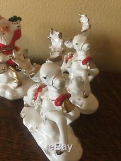 Vintage Napco Ceramic Santa on Sleigh with Reindeer Spaghetti & Gold Trim 1958