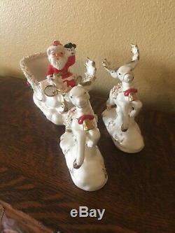 Vintage Napco Ceramic Santa on Sleigh with Reindeer Spaghetti & Gold Trim 1958