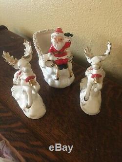 Vintage Napco Ceramic Santa on Sleigh with Reindeer Spaghetti & Gold Trim 1958
