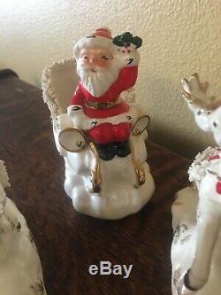 Vintage Napco Ceramic Santa on Sleigh with Reindeer Spaghetti & Gold Trim 1958