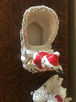 Vintage Napco Ceramic Santa on Sleigh with Reindeer Spaghetti & Gold Trim 1958