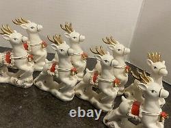 Vintage Napco Christmas Santa In Sleigh And 8 Reindeer