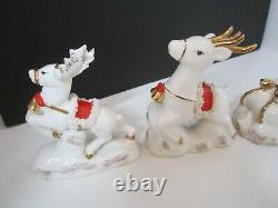 Vintage Napco Santa Sleigh And Reindeers Figurines Gold Trim Set Of 3