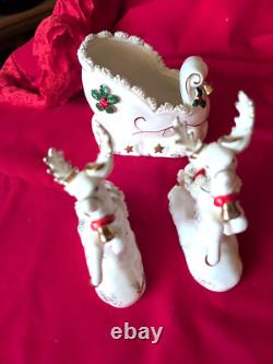 Vintage Napco Spaghetti Santa Sleigh Planter 2 Reindeer Figurines Japan 1950s