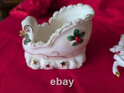 Vintage Napco Spaghetti Santa Sleigh Planter 2 Reindeer Figurines Japan 1950s