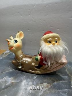 Vintage Ninohira Japan Santa Claus & Rudolph On Sleigh Christmas Decoration