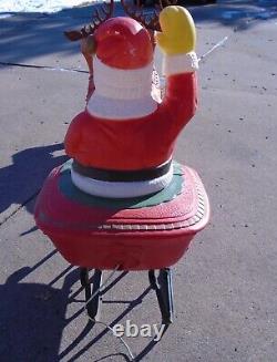 Vintage Poloron Blow Mold Santa in RED Sleigh with RUNNERS & 2 Reindeer w stands