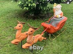 Vintage Poloron Products Santa Sleigh Blow Mold & (2) Reindeer RARE