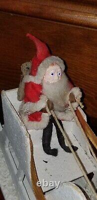 Vintage Putz Clay Santa Mica Celluloid Reindeer Cardboard Sleigh Candy CONTAINER