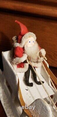Vintage Putz Clay Santa Mica Celluloid Reindeer Cardboard Sleigh Candy CONTAINER