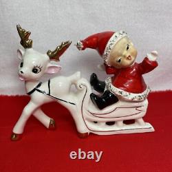 Vintage RARE UCAGCO Waving Pixie Elf Santa Suit Reindeer Sleigh Gold Trim