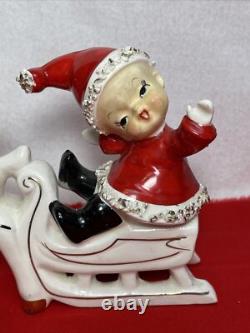Vintage RARE UCAGCO Waving Pixie Elf Santa Suit Reindeer Sleigh Gold Trim
