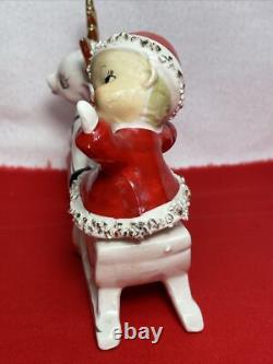 Vintage RARE UCAGCO Waving Pixie Elf Santa Suit Reindeer Sleigh Gold Trim