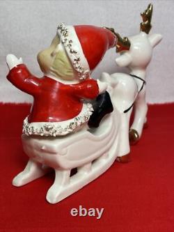 Vintage RARE UCAGCO Waving Pixie Elf Santa Suit Reindeer Sleigh Gold Trim