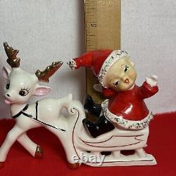 Vintage RARE UCAGCO Waving Pixie Elf Santa Suit Reindeer Sleigh Gold Trim