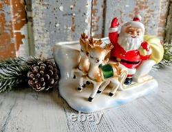 Vintage Rare Lefton Christmas Santa With Sleigh And Reindeer Planter Japan Nice